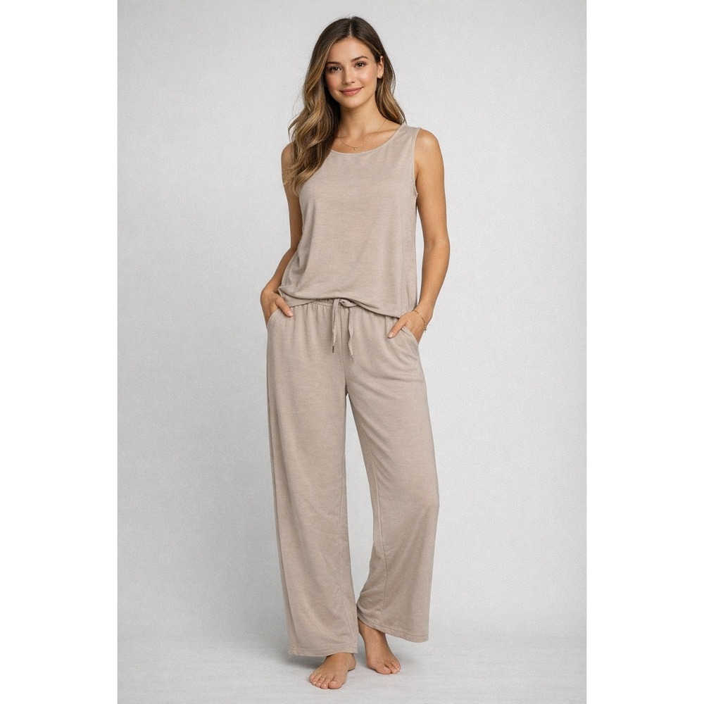 Sampeel Women's 2 Piece Lounge Set Beige Sleeveless Tank Top Wide Leg Pants Sz M